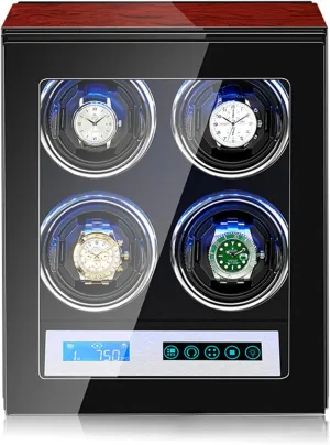 Finish Carbon Fiber Exterior, Flexible Watch Pillows,4Watches Watch Winder wait periphery hydrodynamic for 2/3/4/6 Automatic Watches with LED Backlight, Ultra-Quiet Motors, LCD Touchscreen Control, Piano 