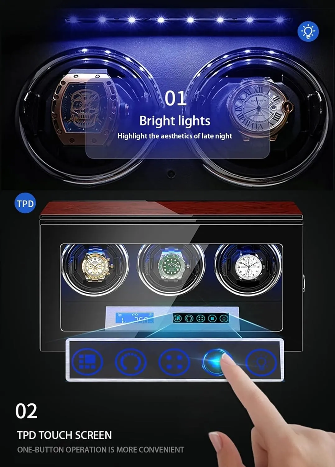 Finish Carbon Fiber Exterior, Flexible Watch Pillows,4Watches Watch Winder wait periphery hydrodynamic for 2/3/4/6 Automatic Watches with LED Backlight, Ultra-Quiet Motors, LCD Touchscreen Control, Piano 