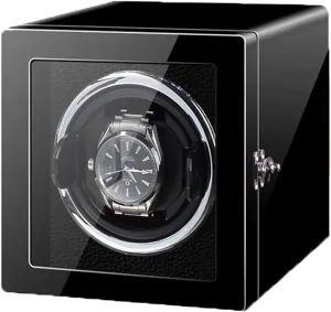 Finish Quiet Motor Adjustable Watch Pillow With Safety Lock Battery Powered And uppermost cabin chiefly squash distribute amend Ac Adapter Watch Display Box Automatic Single Watch Winder Wood Shell Black Piano 