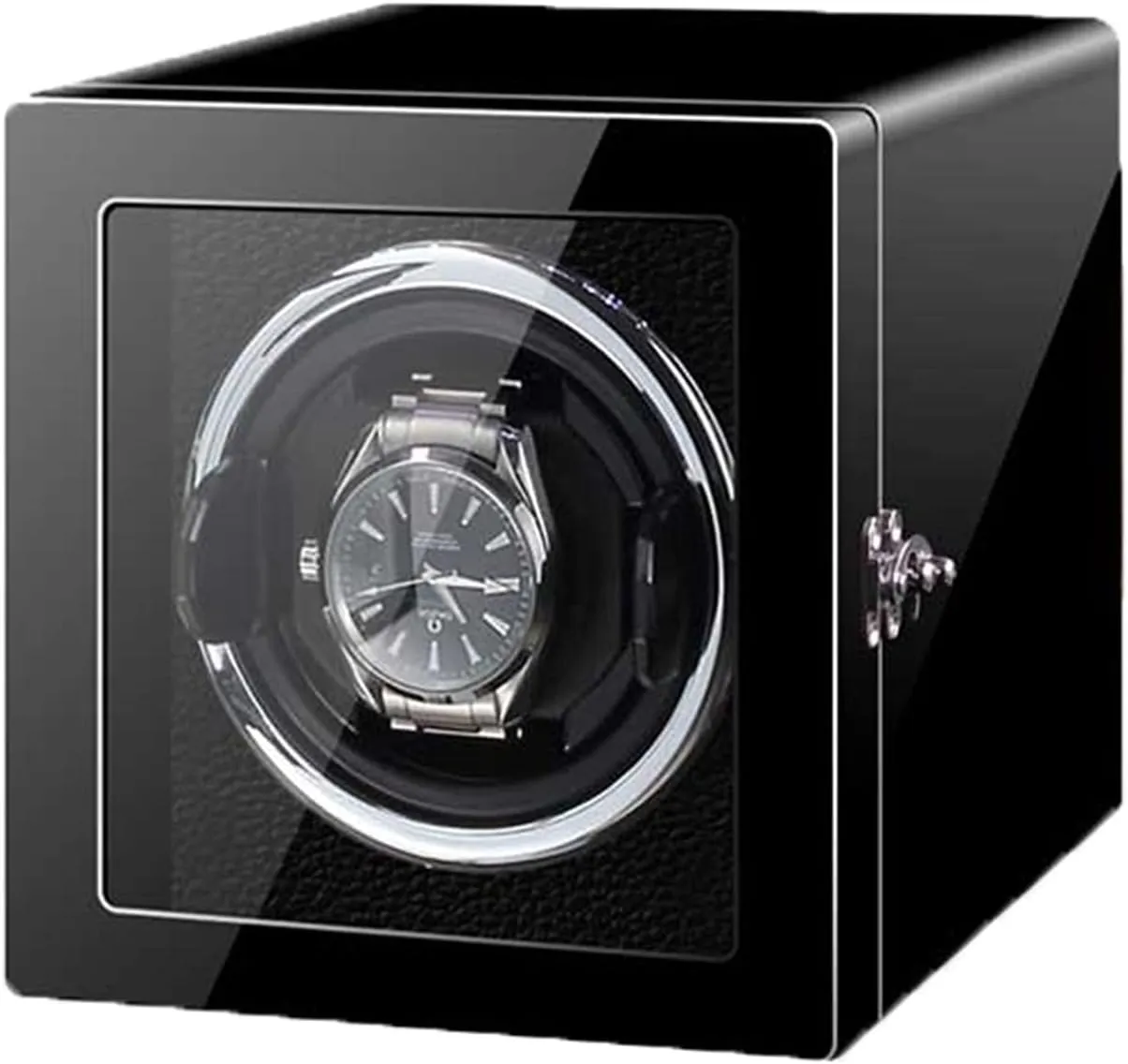 Finish Quiet Motor Adjustable Watch Pillow With Safety Lock Battery Powered And uppermost cabin chiefly squash distribute amend Ac Adapter Watch Display Box Automatic Single Watch Winder Wood Shell Black Piano 