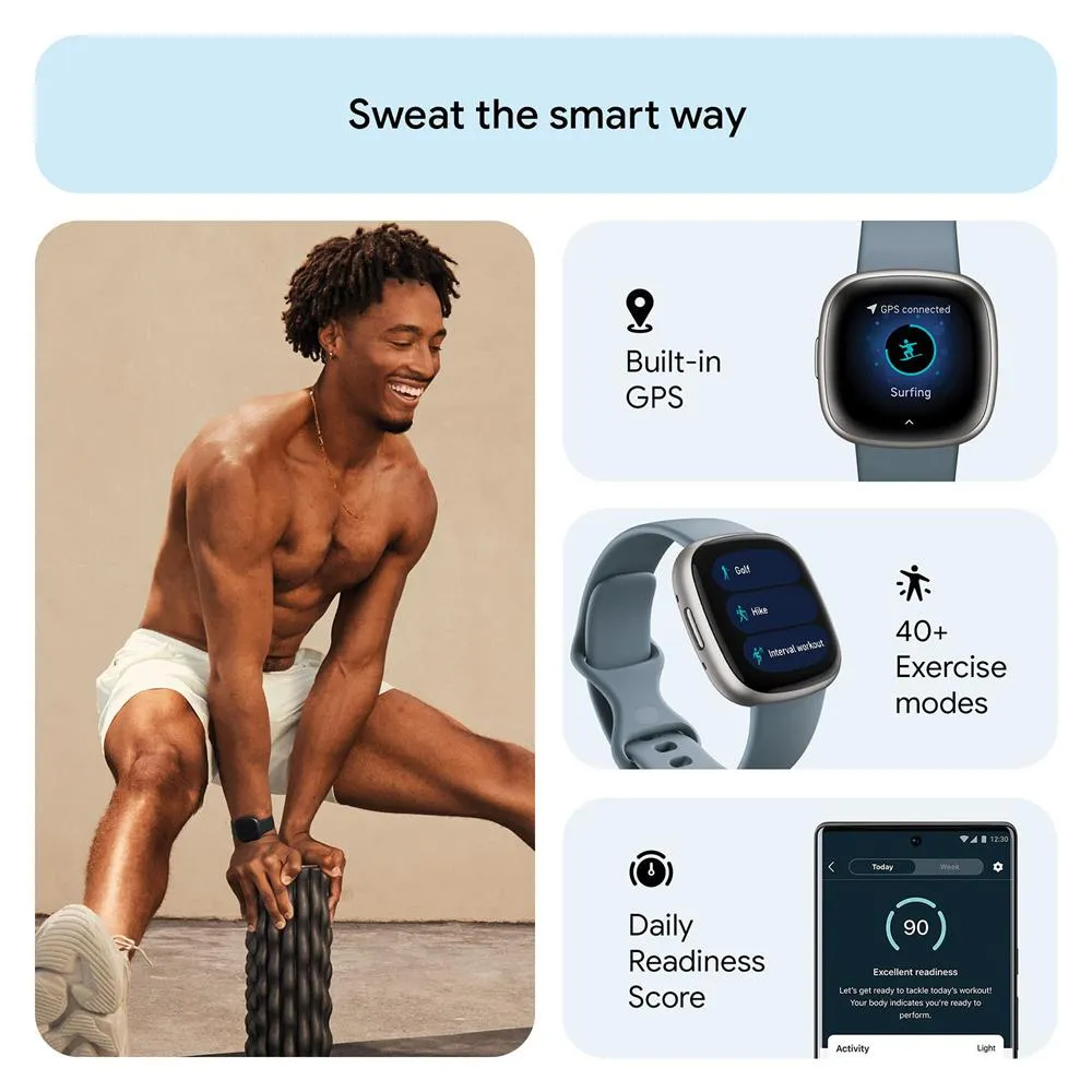 Fitbit Versa 4 Fitness Smartwatch w/ GPS, Waterfall Blue/Platinum   Fitness Bundle