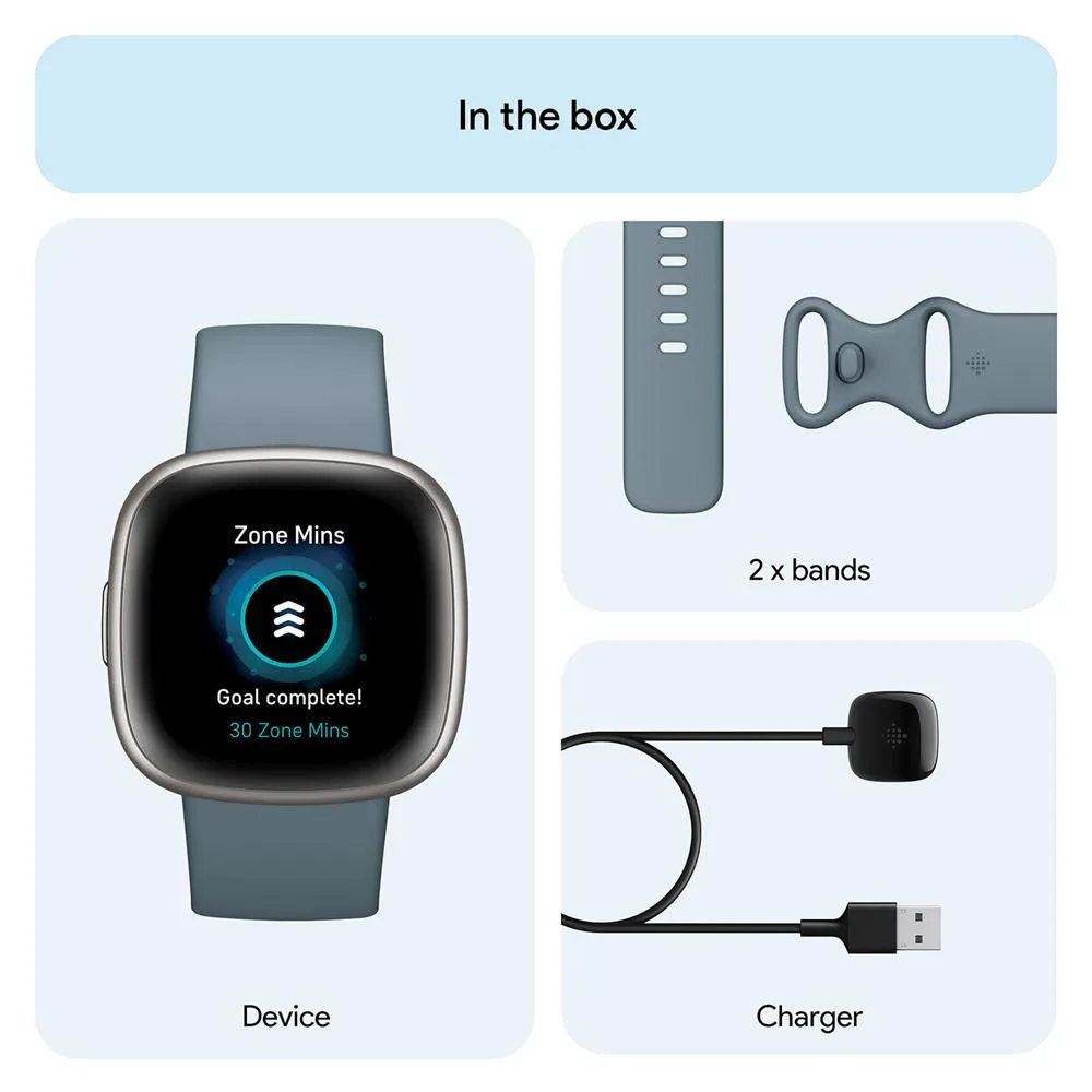 Fitbit Versa 4 Fitness Smartwatch w/ GPS, Waterfall Blue/Platinum   Fitness Bundle