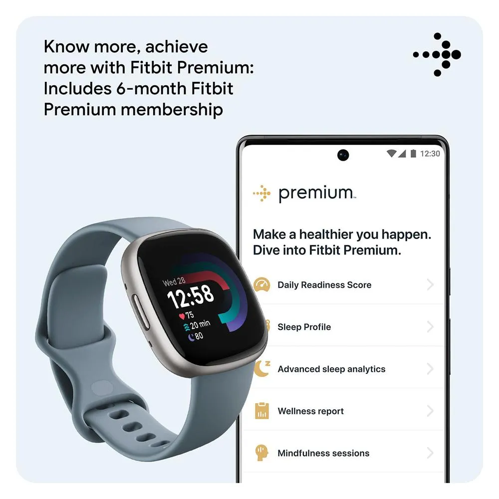 Fitbit Versa 4 Fitness Smartwatch w/ GPS, Waterfall Blue/Platinum   Fitness Bundle