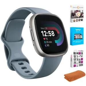Fitbit Versa 4 Fitness Smartwatch w/ GPS, Waterfall Blue/Platinum   Fitness Bundle