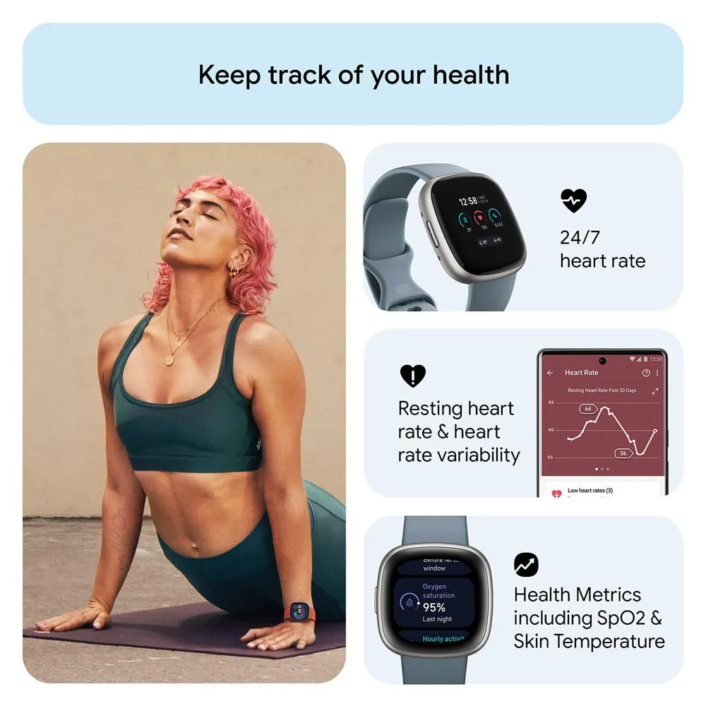Fitbit Versa 4 Fitness Smartwatch w/ GPS, Waterfall Blue/Platinum   Fitness Bundle