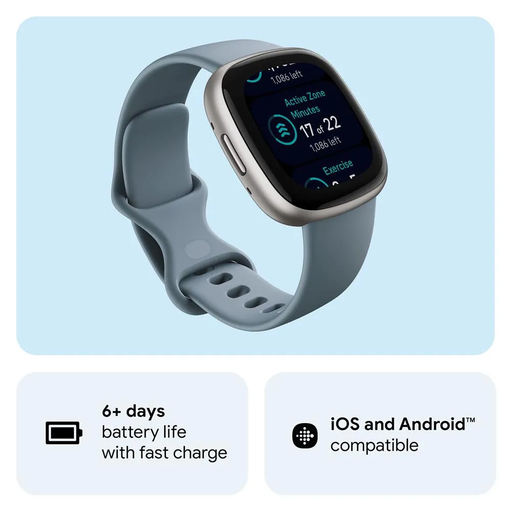 Fitbit Versa 4 Fitness Smartwatch w/GPS, Waterfall Blue/Platinum   2 YR Warranty Bundle