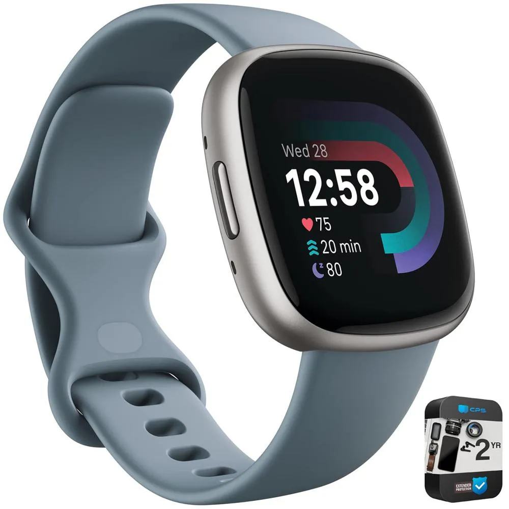 Fitbit Versa 4 Fitness Smartwatch w/GPS, Waterfall Blue/Platinum   2 YR Warranty Bundle
