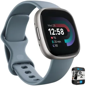 Fitbit Versa 4 Fitness Smartwatch w/GPS, Waterfall Blue/Platinum   2 YR Warranty Bundle