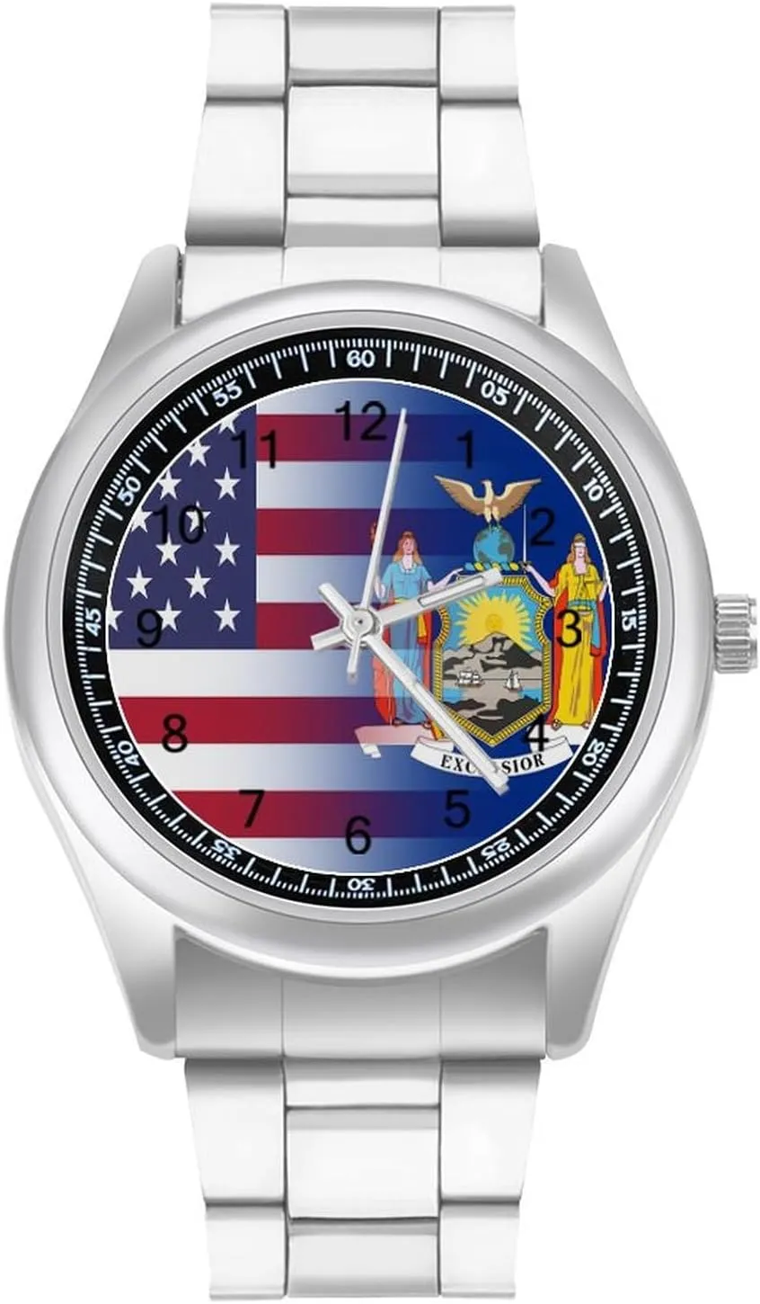 Flag Casual Wrist Watches for Men Classic Business Dress Watch avenue richly cabinet Big Face for Work Gym U.S.A New York State 
