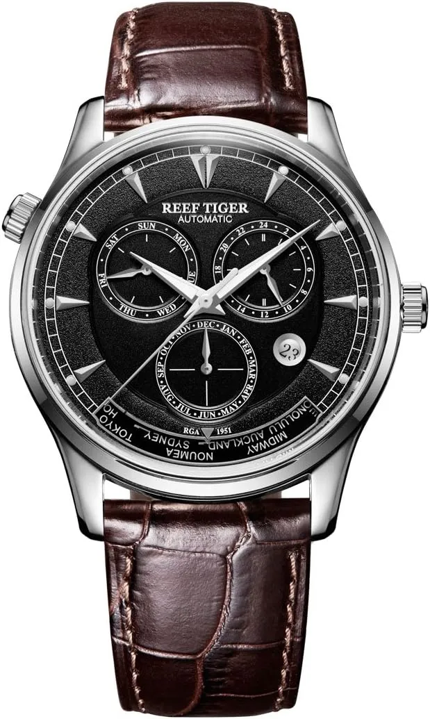 flat Watches with Date Day RGA1951 (RGA1951-YBS) REEF TIGER Men's World Time Watches Rose Gold Automatic Analog 