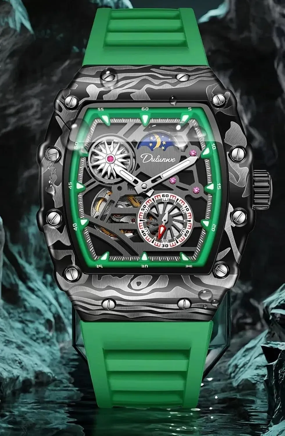 Flywheel Sports Watches for Men Hollow village consistency Dial Automatic Mechanical Watch Luxury Moon Phase Luminous Wristwatch Fashion Tonneau Skeleton 