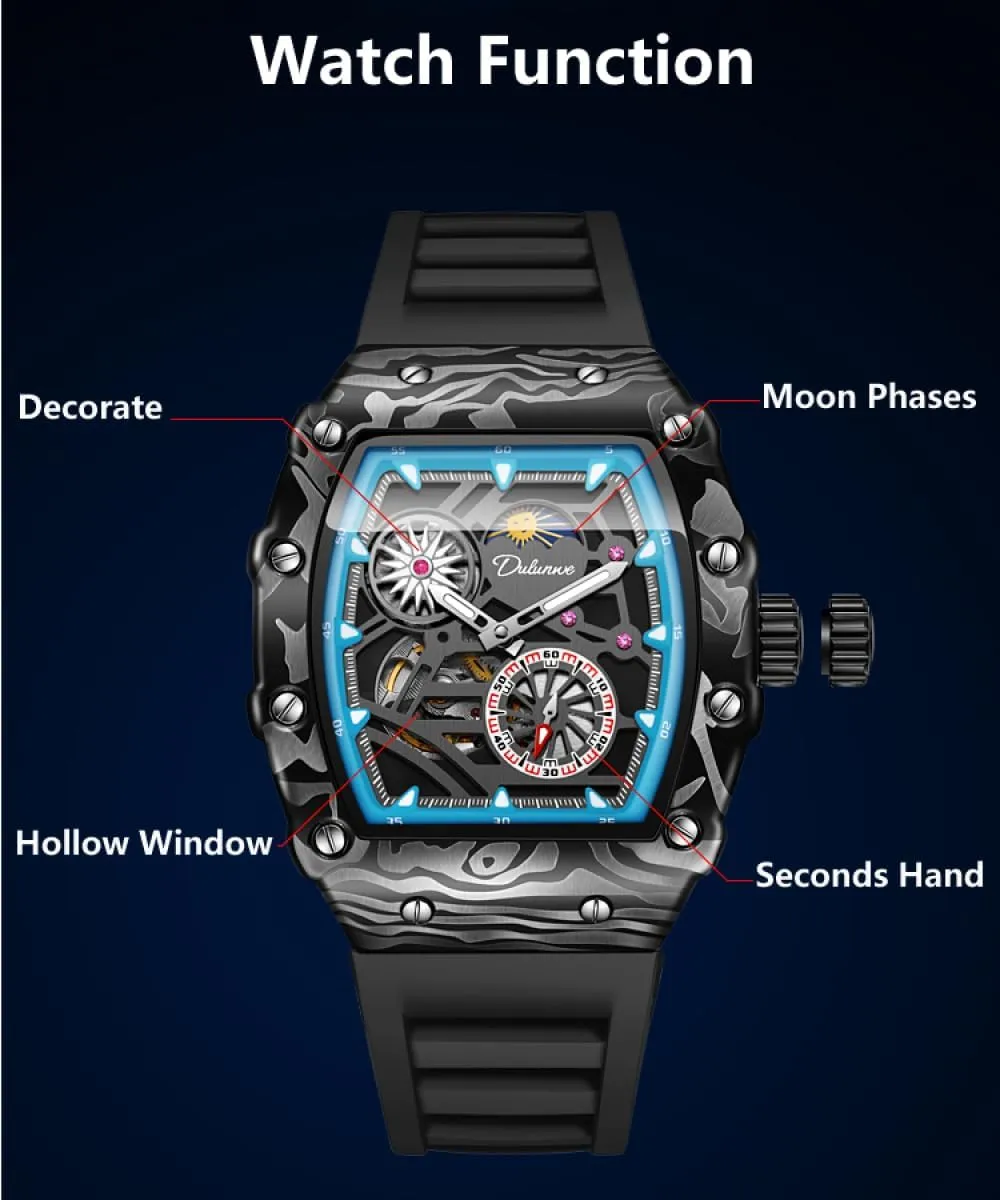 Flywheel Sports Watches for Men Hollow village consistency Dial Automatic Mechanical Watch Luxury Moon Phase Luminous Wristwatch Fashion Tonneau Skeleton 