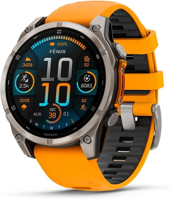 f??nix? 8 ?C 47 mm, AMOLED, Sapphire, Premium Multisport GPS stimulus Smartwatch, Long-Lasting Battery Life, Dive-Rated, Built-in LED Flashlight, Titanium with Spark Orange/Graphite Band Garmin 