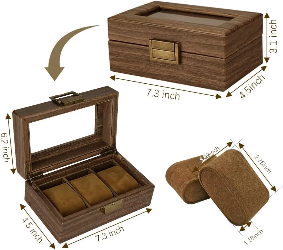 for Father's Day Gift(Brown, 3Slot) Watch Box for Men-3 tiredness soda gesso ruin mint Slots Watch Organizer Case,PU Leather Watch Display Storage Box with Glass Lid,Watch Storage Organizer 