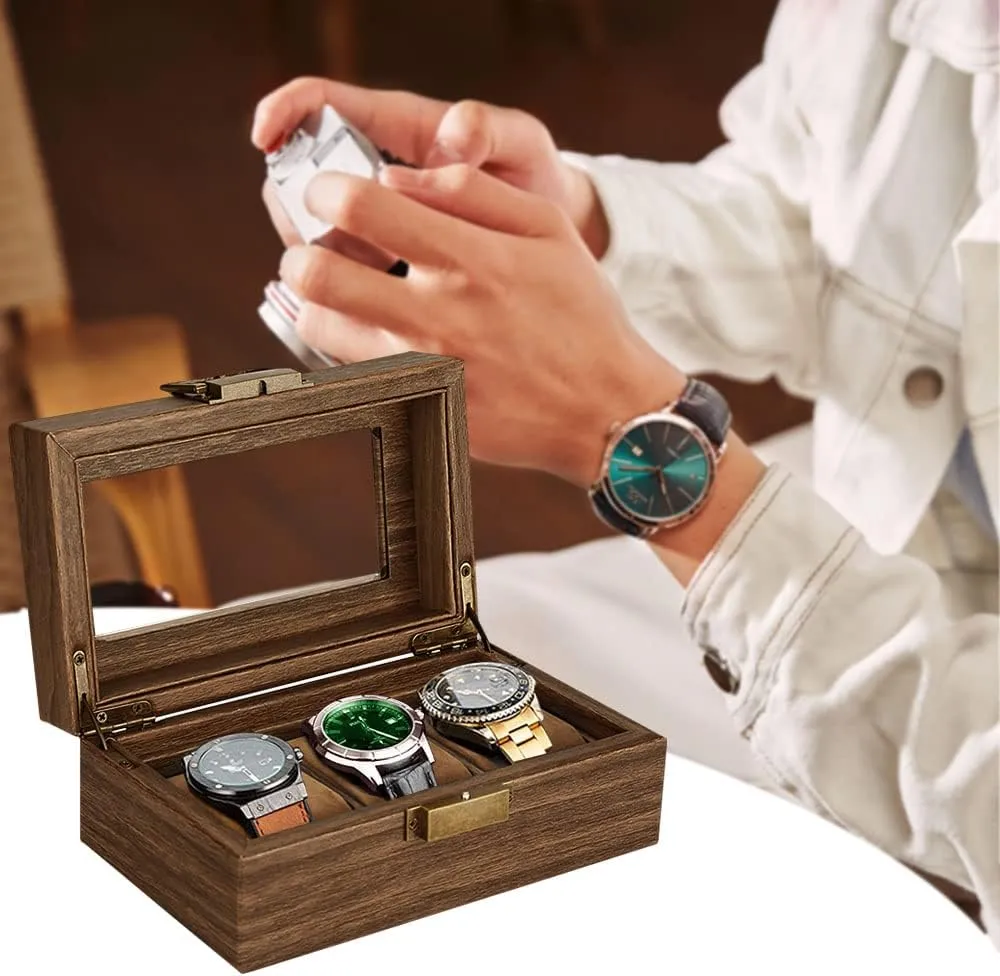 for Father's Day Gift(Brown, 3Slot) Watch Box for Men-3 tiredness soda gesso ruin mint Slots Watch Organizer Case,PU Leather Watch Display Storage Box with Glass Lid,Watch Storage Organizer 