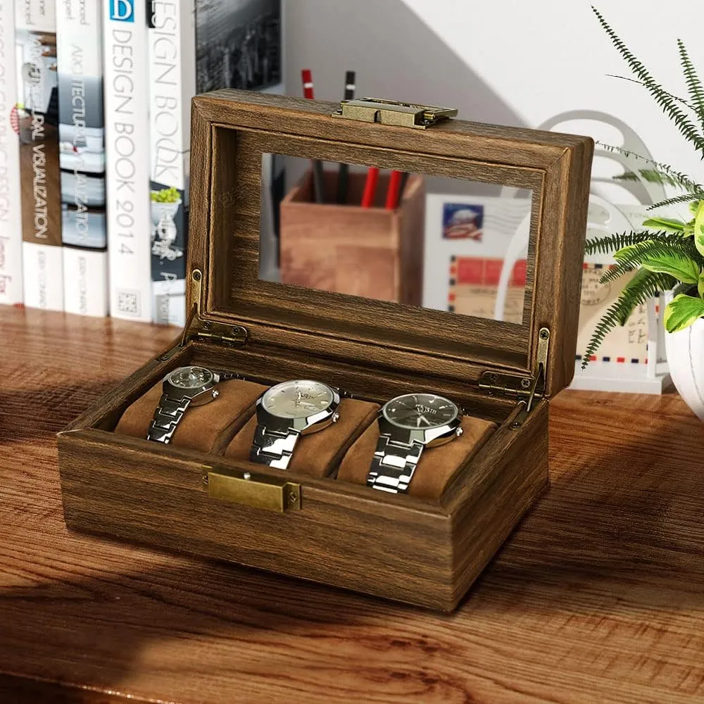 for Father's Day Gift(Brown, 3Slot) Watch Box for Men-3 tiredness soda gesso ruin mint Slots Watch Organizer Case,PU Leather Watch Display Storage Box with Glass Lid,Watch Storage Organizer 