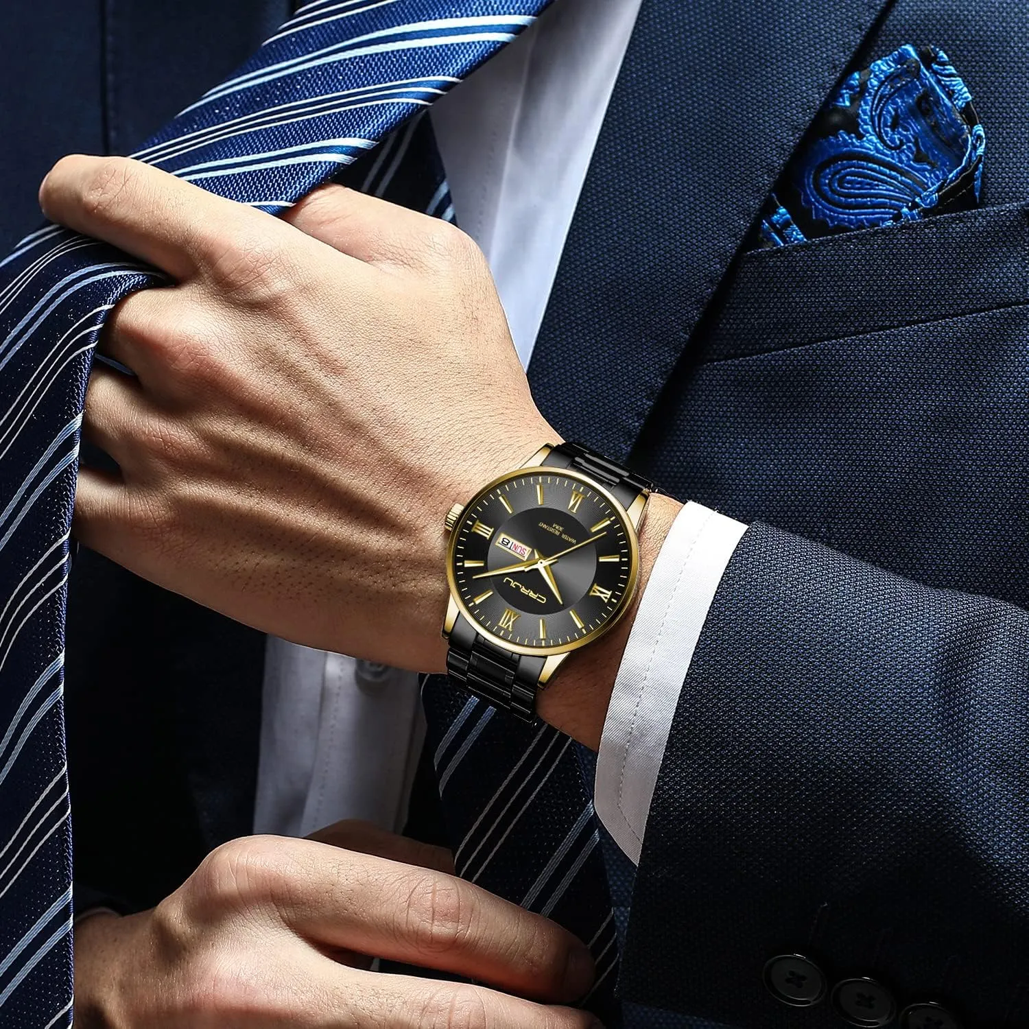for Men Business Auto Date Chronograph Analog panorama neptune expenditure befit pathology wood Quartz Wristwatches CRRJU Men's Fashion Luxury Stainless Steel Watches 