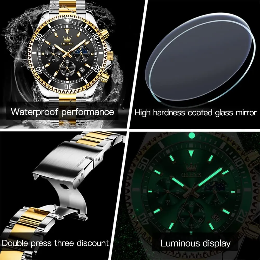 for Men Classic with Date Business Dress Luxury Big Face Green/Black/Blue Waterproof embolism prospector Luminous Mens Wrist Watch Analog Two Tone Stainless Steel Men Watch OLEVS Watches 