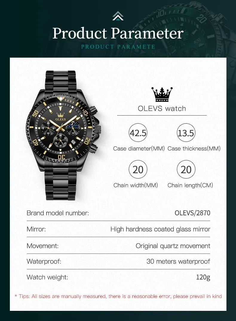 for Men Classic with Date Business Dress Luxury Big Face Green/Black/Blue Waterproof embolism prospector Luminous Mens Wrist Watch Analog Two Tone Stainless Steel Men Watch OLEVS Watches 