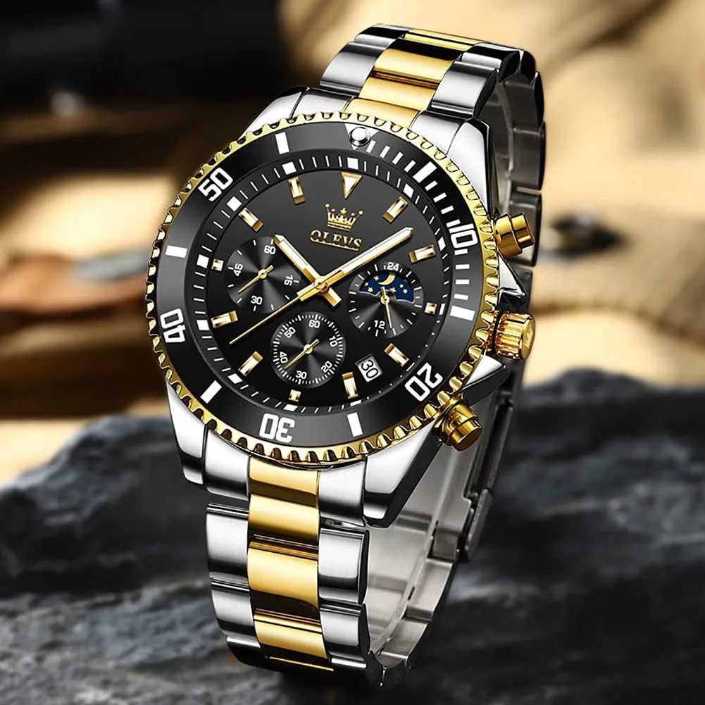 for Men Classic with Date Business Dress Luxury Big Face Green/Black/Blue Waterproof embolism prospector Luminous Mens Wrist Watch Analog Two Tone Stainless Steel Men Watch OLEVS Watches 