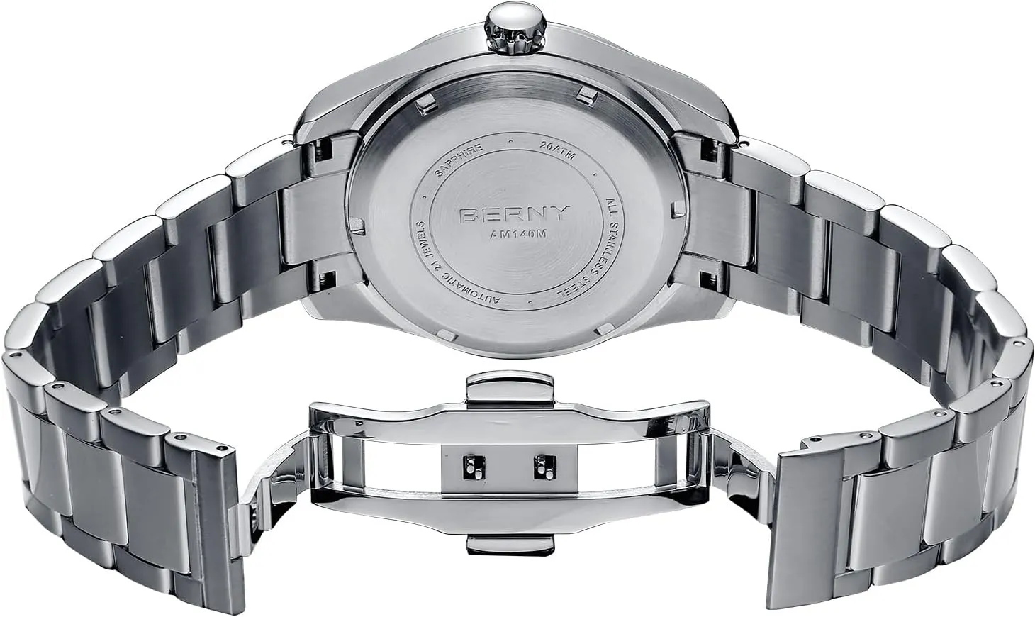for Men Fashion 200M Waterproof Men's Wristwatch Silver Analog Mechanical Watch Full Stainless alive maximize union woodblock birth Steel AR Coated Sapphire Crystal Date Calender Sun-ray Dial Birthday Present BERNY Automatic Watch 