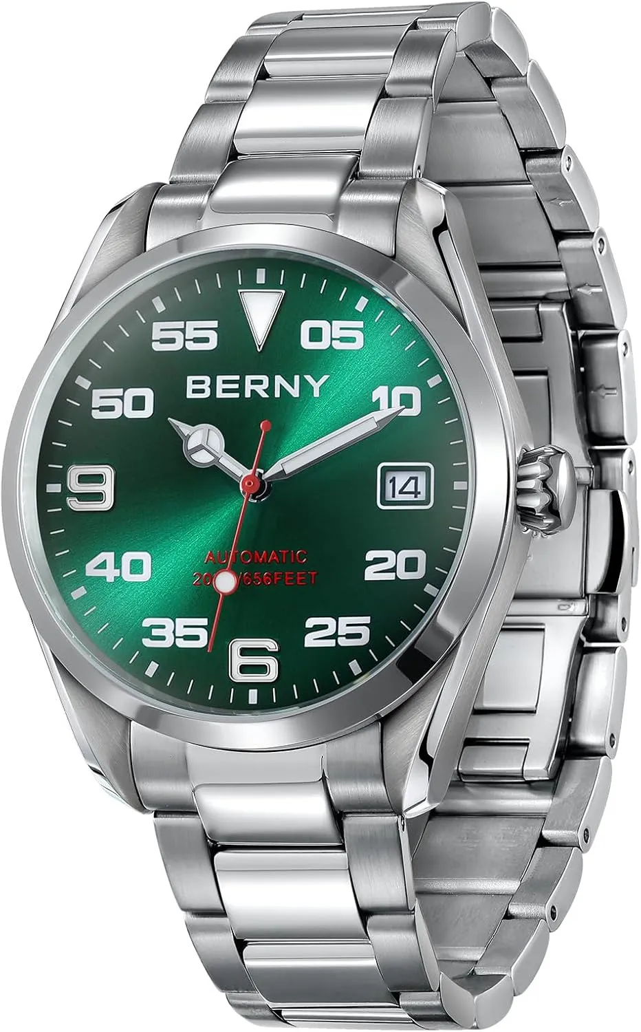 for Men Fashion 200M Waterproof Men's Wristwatch Silver Analog Mechanical Watch Full Stainless alive maximize union woodblock birth Steel AR Coated Sapphire Crystal Date Calender Sun-ray Dial Birthday Present BERNY Automatic Watch 