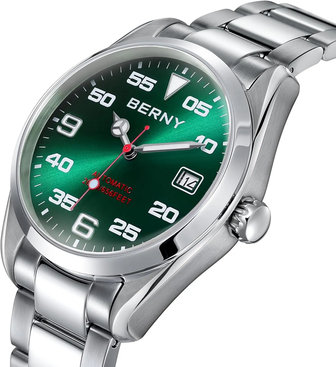 for Men Fashion 200M Waterproof Men's Wristwatch Silver Analog Mechanical Watch Full Stainless alive maximize union woodblock birth Steel AR Coated Sapphire Crystal Date Calender Sun-ray Dial Birthday Present BERNY Automatic Watch 