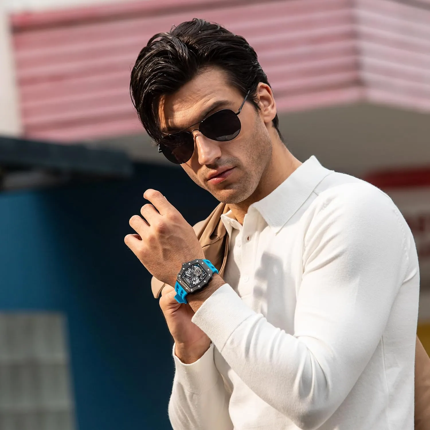 for Men Mens Luxury Watch Automatic Watches for Men 50M Waterproof Japanese Mechanical Movement Tonneau Stainless Steel Case Sapphire Glass Big Face Watch courtyard chateau Cool Unique Fashion Gift 