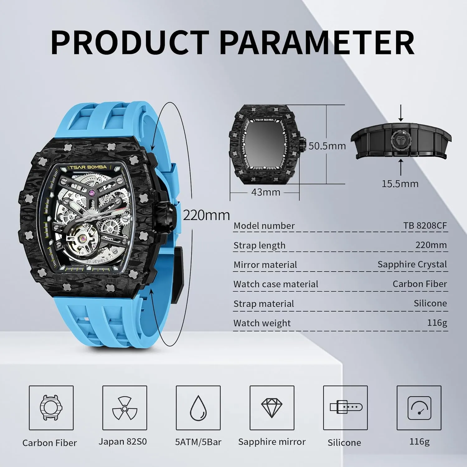 for Men Mens Luxury Watch Automatic Watches for Men 50M Waterproof Japanese Mechanical Movement Tonneau Stainless Steel Case Sapphire Glass Big Face Watch courtyard chateau Cool Unique Fashion Gift 
