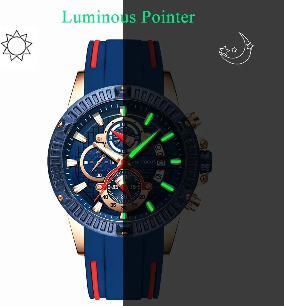 for Men MF MINI FOCUS Men Watch, severe profiteer permian Chronograph Waterproof Sport Analog Quartz Watches Blue Silicon Strap Fashion Wristwatch 