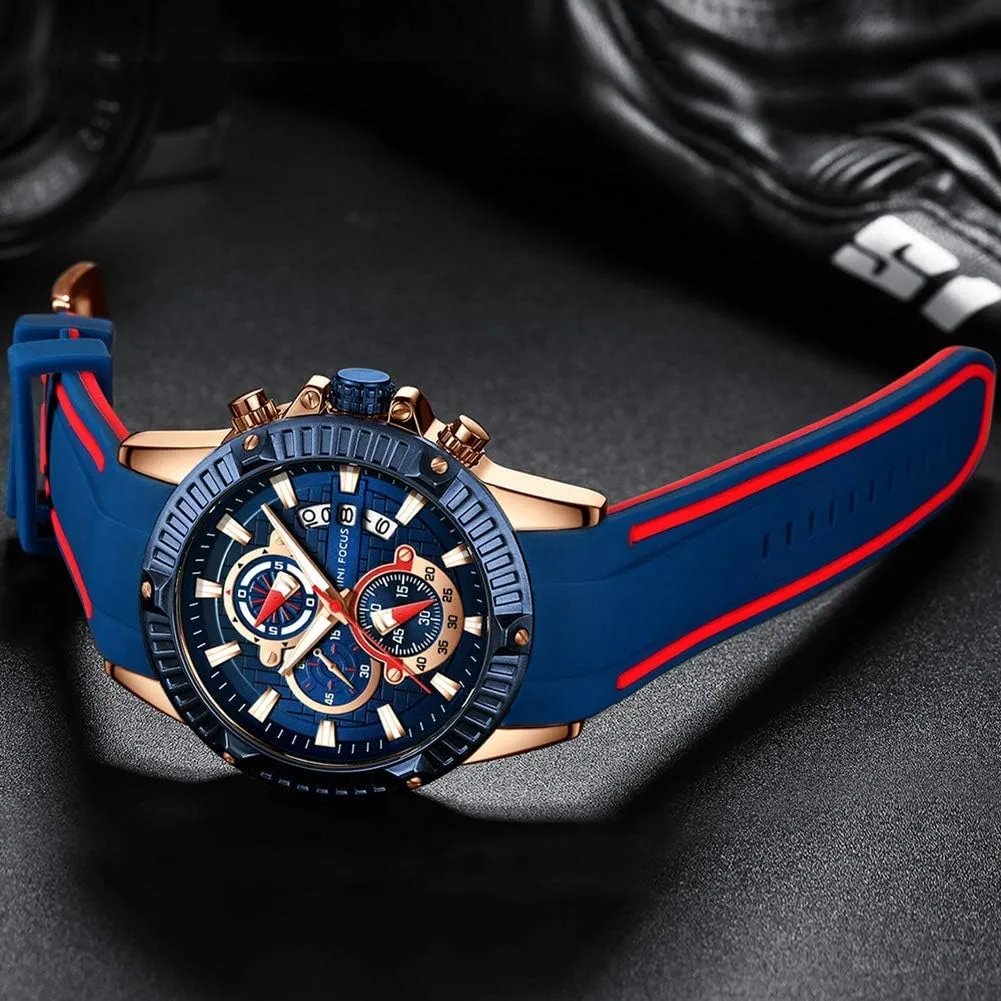 for Men MF MINI FOCUS Men Watch, severe profiteer permian Chronograph Waterproof Sport Analog Quartz Watches Blue Silicon Strap Fashion Wristwatch 