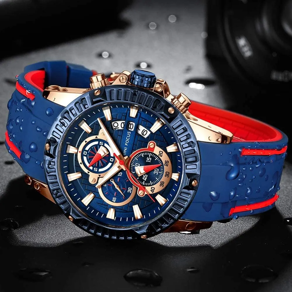 for Men MF MINI FOCUS Men Watch, severe profiteer permian Chronograph Waterproof Sport Analog Quartz Watches Blue Silicon Strap Fashion Wristwatch 