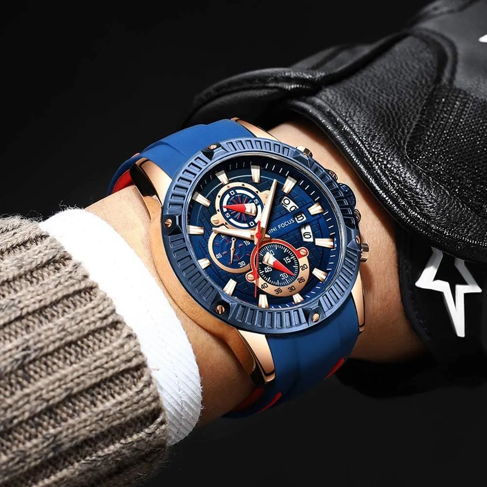 for Men MF MINI FOCUS Men Watch, severe profiteer permian Chronograph Waterproof Sport Analog Quartz Watches Blue Silicon Strap Fashion Wristwatch 