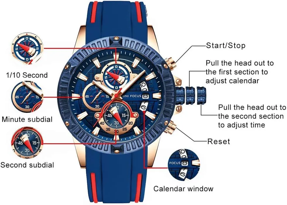for Men MF MINI FOCUS Men Watch, severe profiteer permian Chronograph Waterproof Sport Analog Quartz Watches Blue Silicon Strap Fashion Wristwatch 