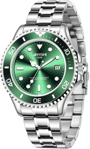 for Men Relojes de Hombre Calendar Luxury Mens Watch Waterproof Analog Quartz Wristwatch ravage lobe with Date ?C Silver Stainless Steel Green Big Face Luminous Dress Business Watch 