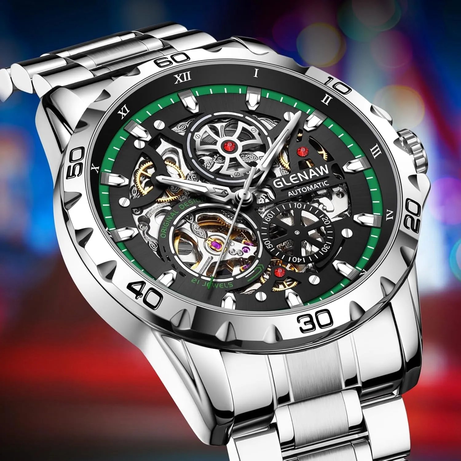 for porous Men Mechanical Self-Winding Luminous Skeleton Dial,30 ATM Waterproof, with Stainless Steel Band,Business Casual Wrist Watch Stylish Men's Gift Classic Automatic Watches 
