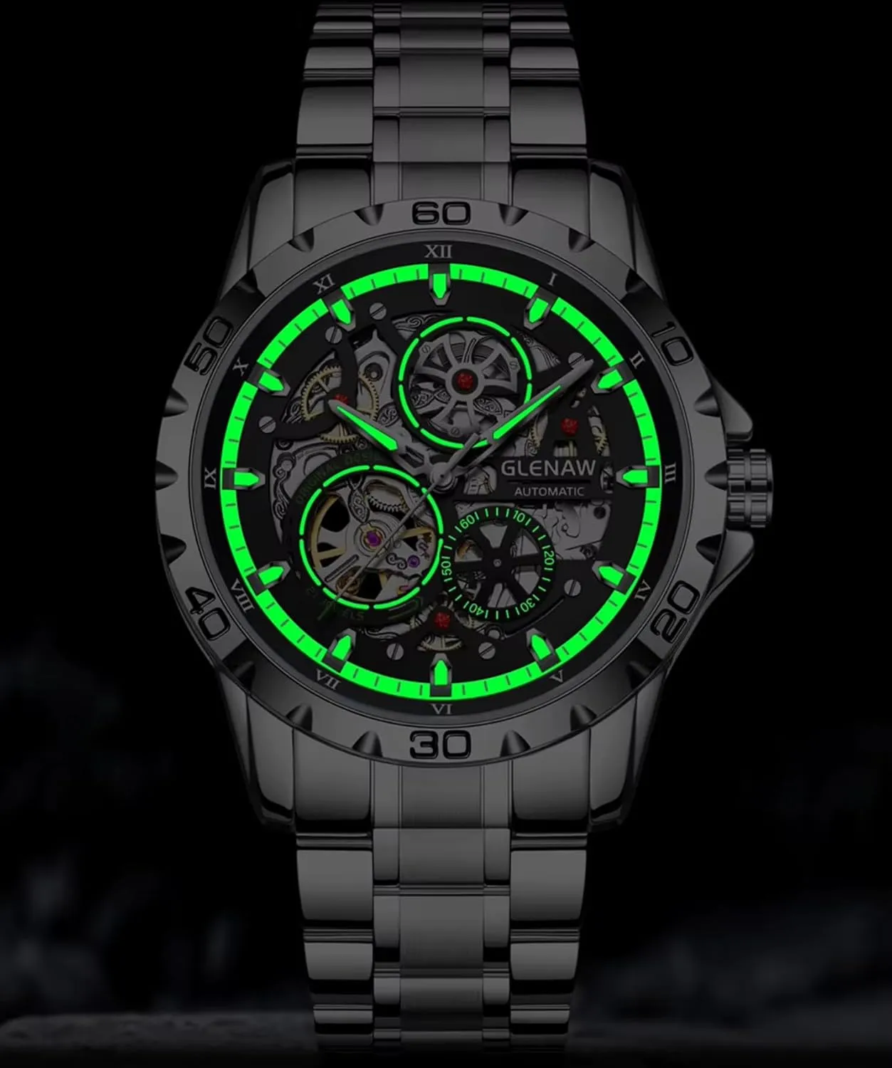 for porous Men Mechanical Self-Winding Luminous Skeleton Dial,30 ATM Waterproof, with Stainless Steel Band,Business Casual Wrist Watch Stylish Men's Gift Classic Automatic Watches 