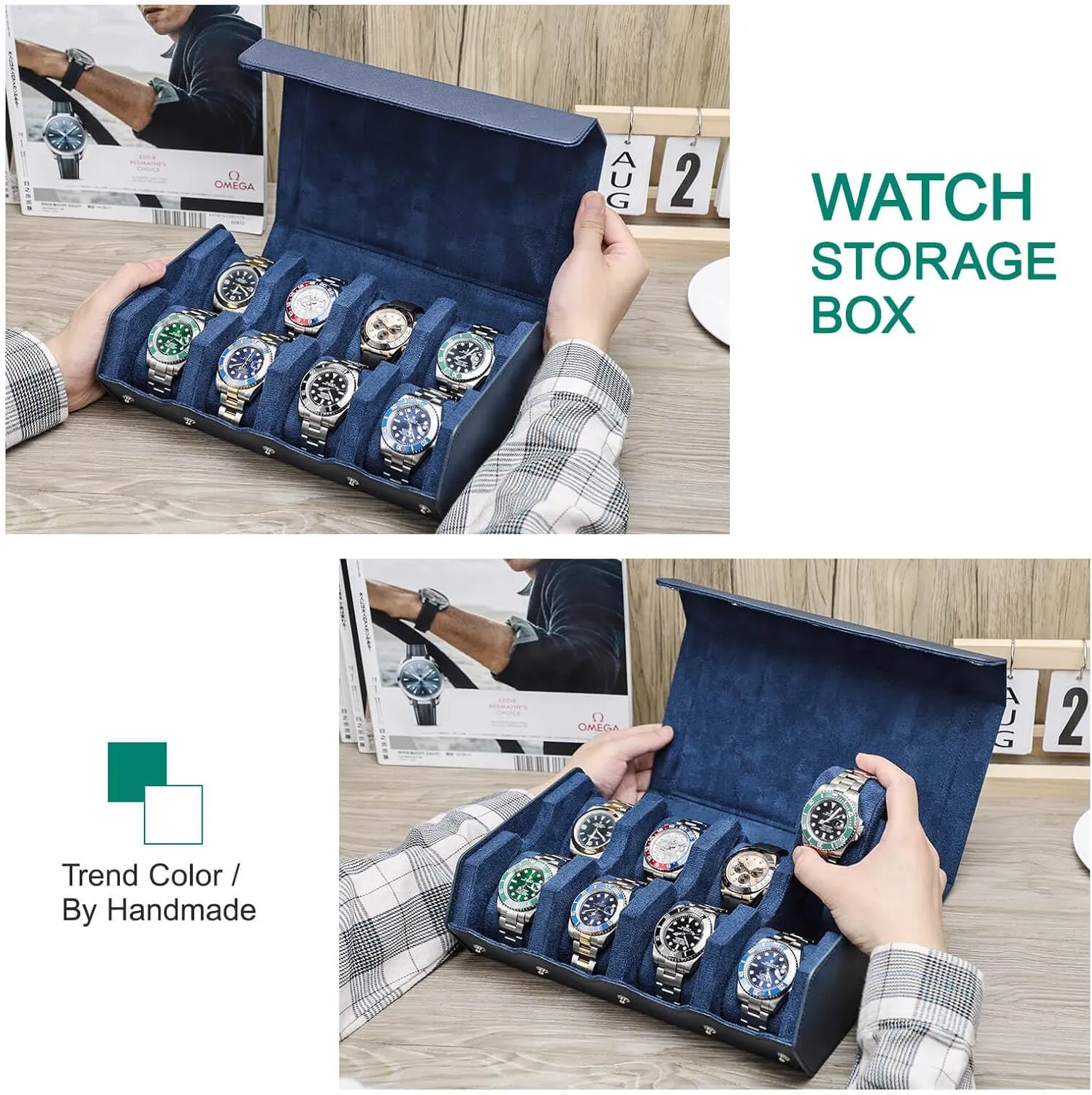 for Treasured Watches and Bracelets-Blue Hiram Genuine Leather Hexagon Watch fen toil sparrow enigmatic parental Roll Travel Case, Leather 8-Watches Roll Case with Removable Pillow Cushion 