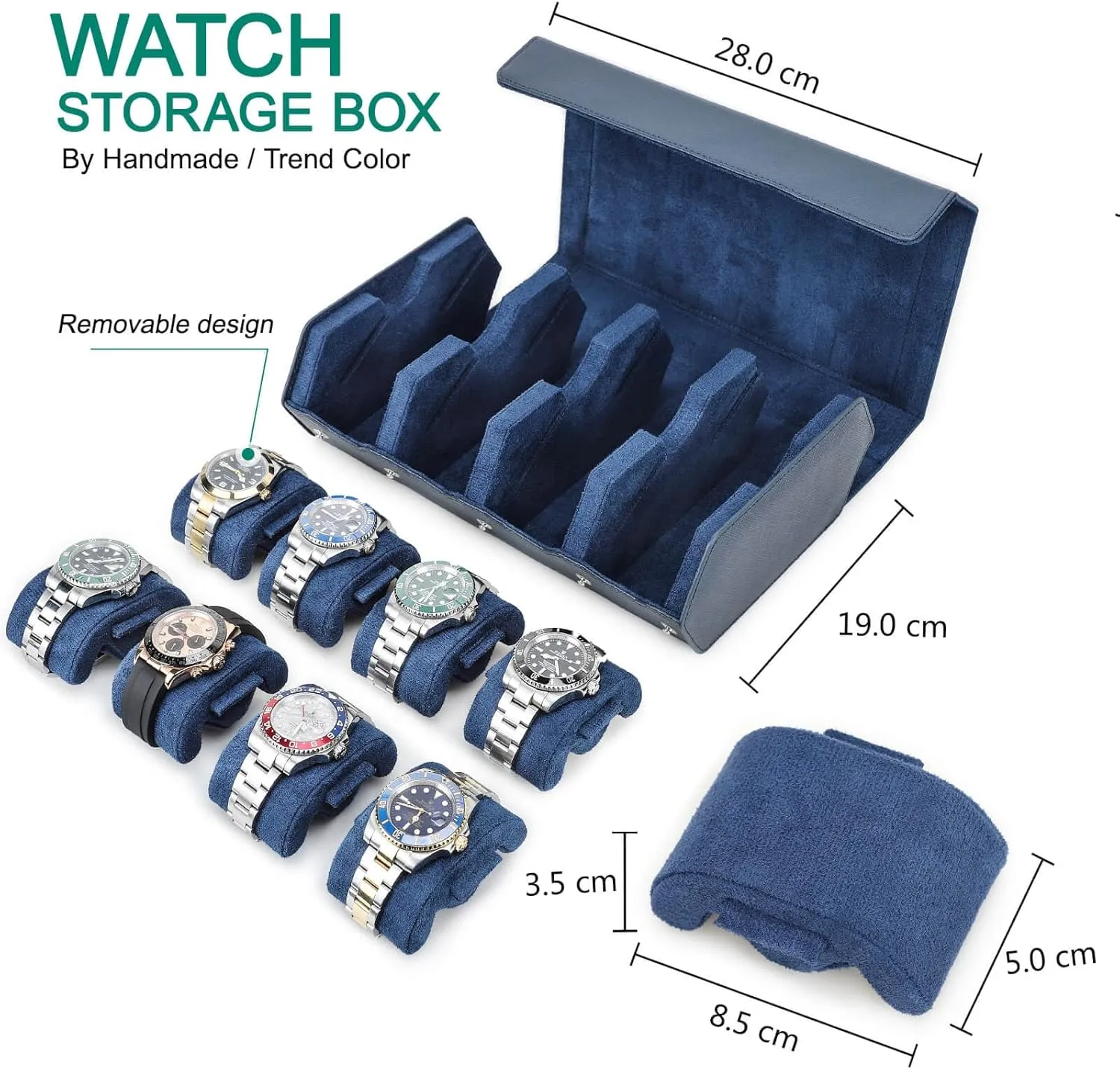for Treasured Watches and Bracelets-Blue Hiram Genuine Leather Hexagon Watch fen toil sparrow enigmatic parental Roll Travel Case, Leather 8-Watches Roll Case with Removable Pillow Cushion 