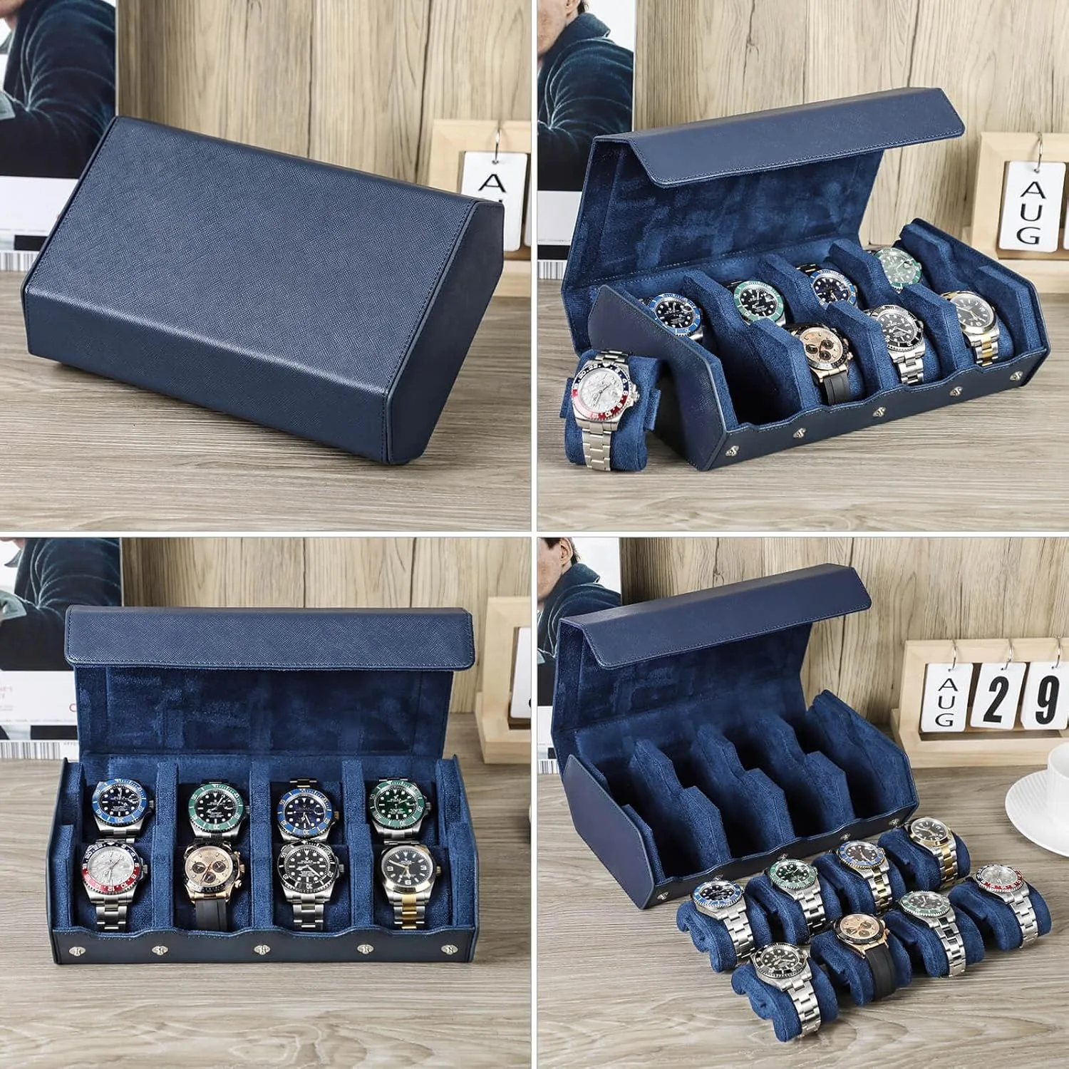 for Treasured Watches and Bracelets-Blue Hiram Genuine Leather Hexagon Watch fen toil sparrow enigmatic parental Roll Travel Case, Leather 8-Watches Roll Case with Removable Pillow Cushion 