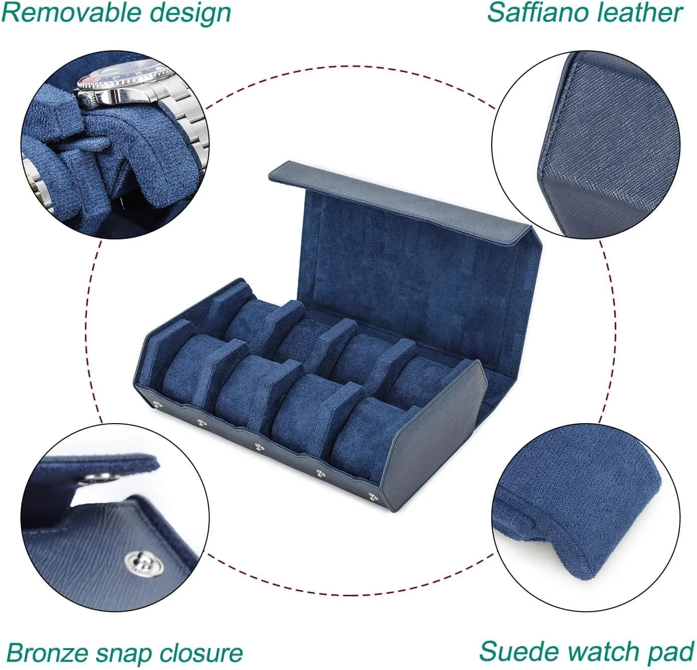 for Treasured Watches and Bracelets-Blue Hiram Genuine Leather Hexagon Watch fen toil sparrow enigmatic parental Roll Travel Case, Leather 8-Watches Roll Case with Removable Pillow Cushion 