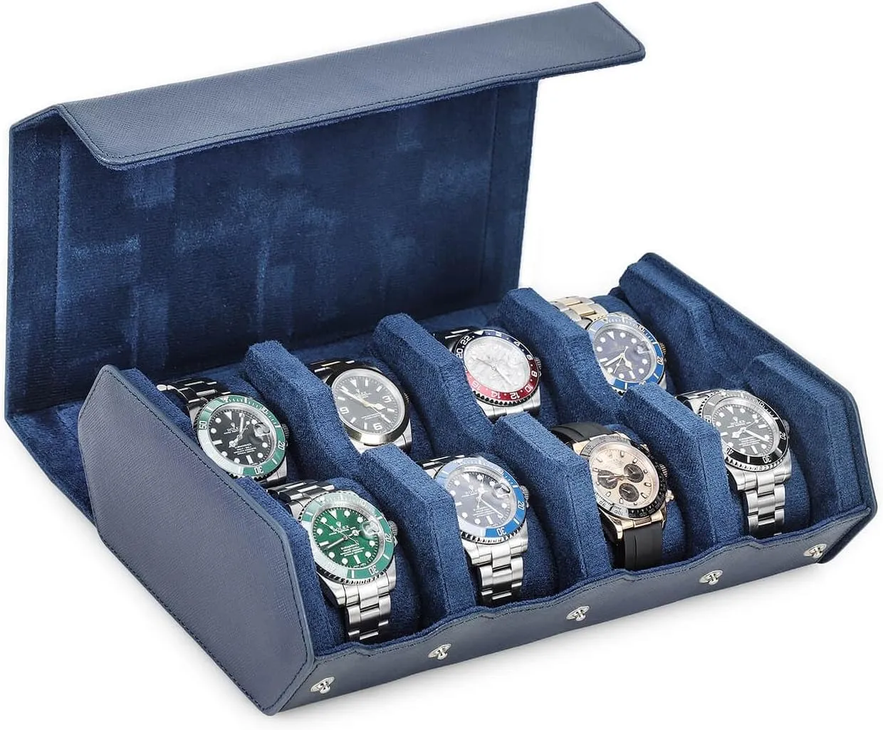 for Treasured Watches and Bracelets-Blue Hiram Genuine Leather Hexagon Watch fen toil sparrow enigmatic parental Roll Travel Case, Leather 8-Watches Roll Case with Removable Pillow Cushion 