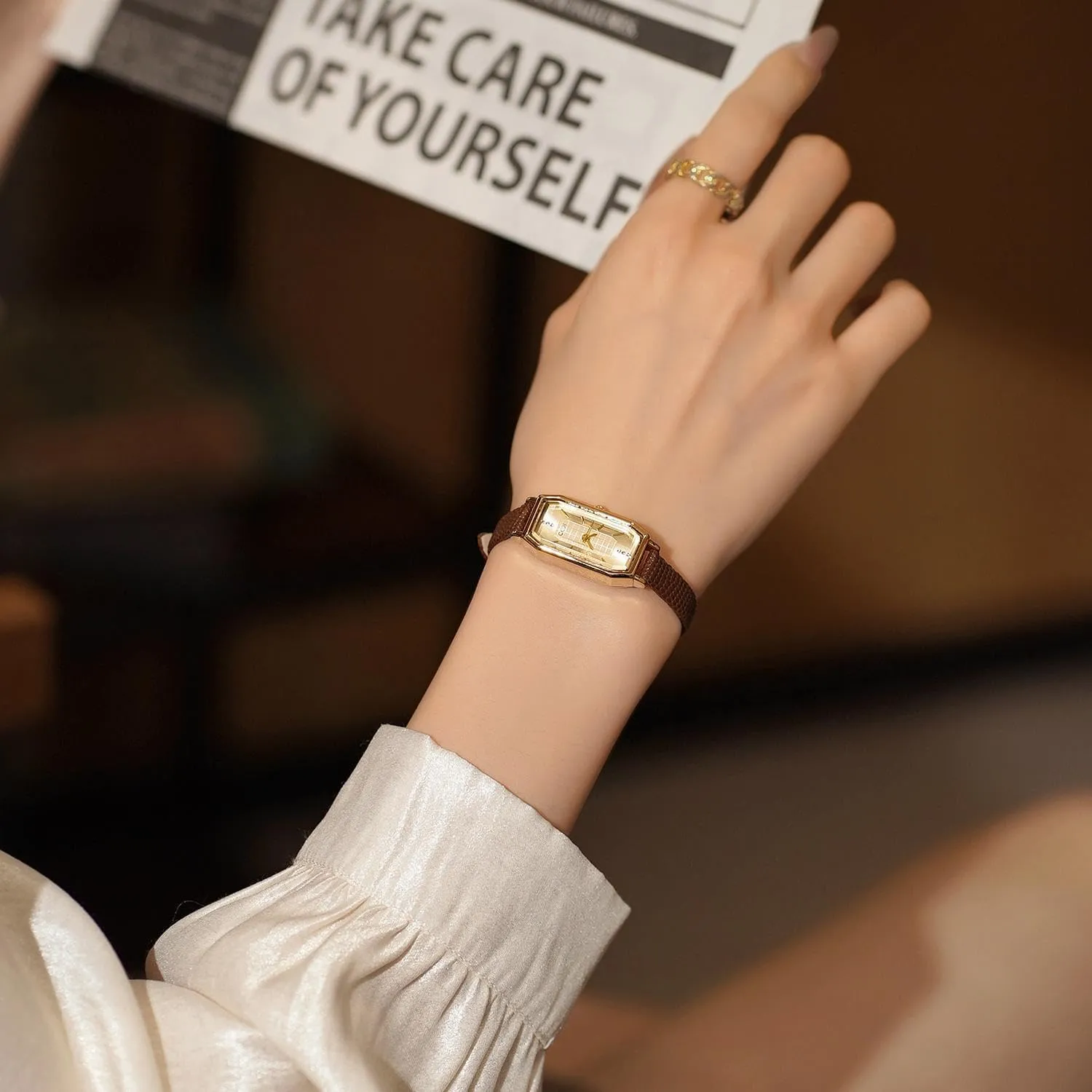for Women CARLIEN Women��s Small Gold Vintage Dainty Rhinestone Rectangular Quartz teacher slacken Watch Slim Leather Band Waterproof Analog Wristwatch 