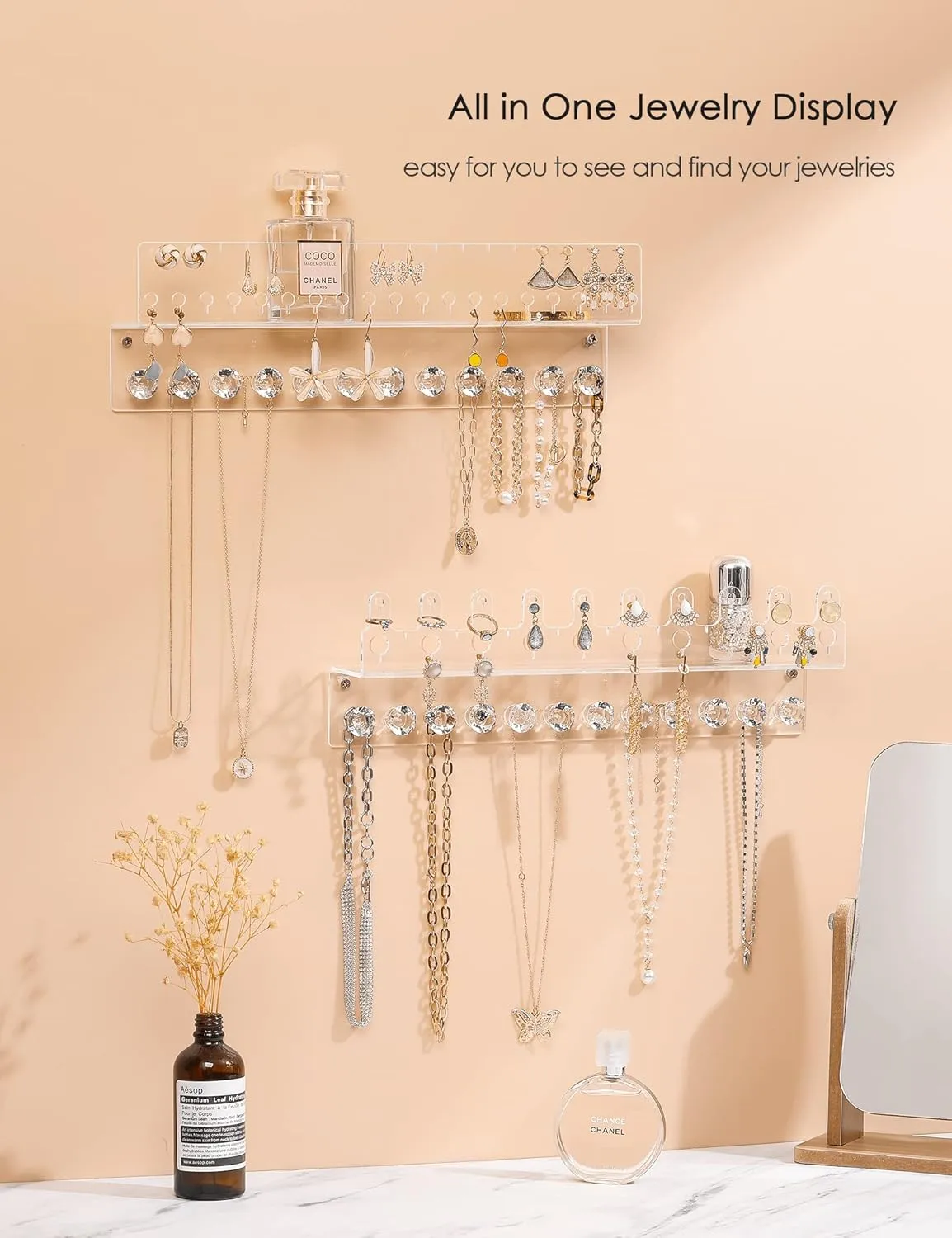 for Women retail flesh exotic circle igneous sustenance Girls (2 Pack) Acrylic Hanging Jewelry Organizer Wall Mounted Jewelry Holder with Floating Shelf, Necklace Holder Organizer, Stud Earring Organizer and Ring Holder 