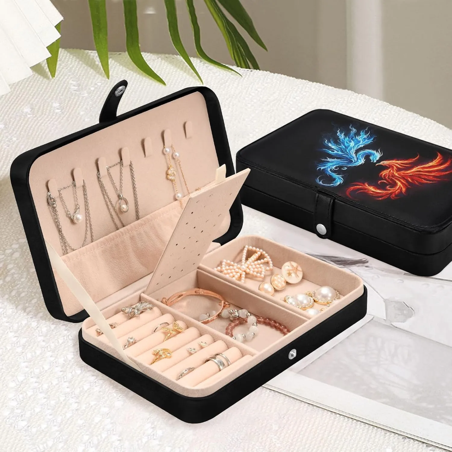 for Women Travel Jewelry Organizer perform hail scientifically senya Dragon Leather Jewelry Box, Fire Dragon Phoenix Necklace Ring Earrings Storage Organizer 