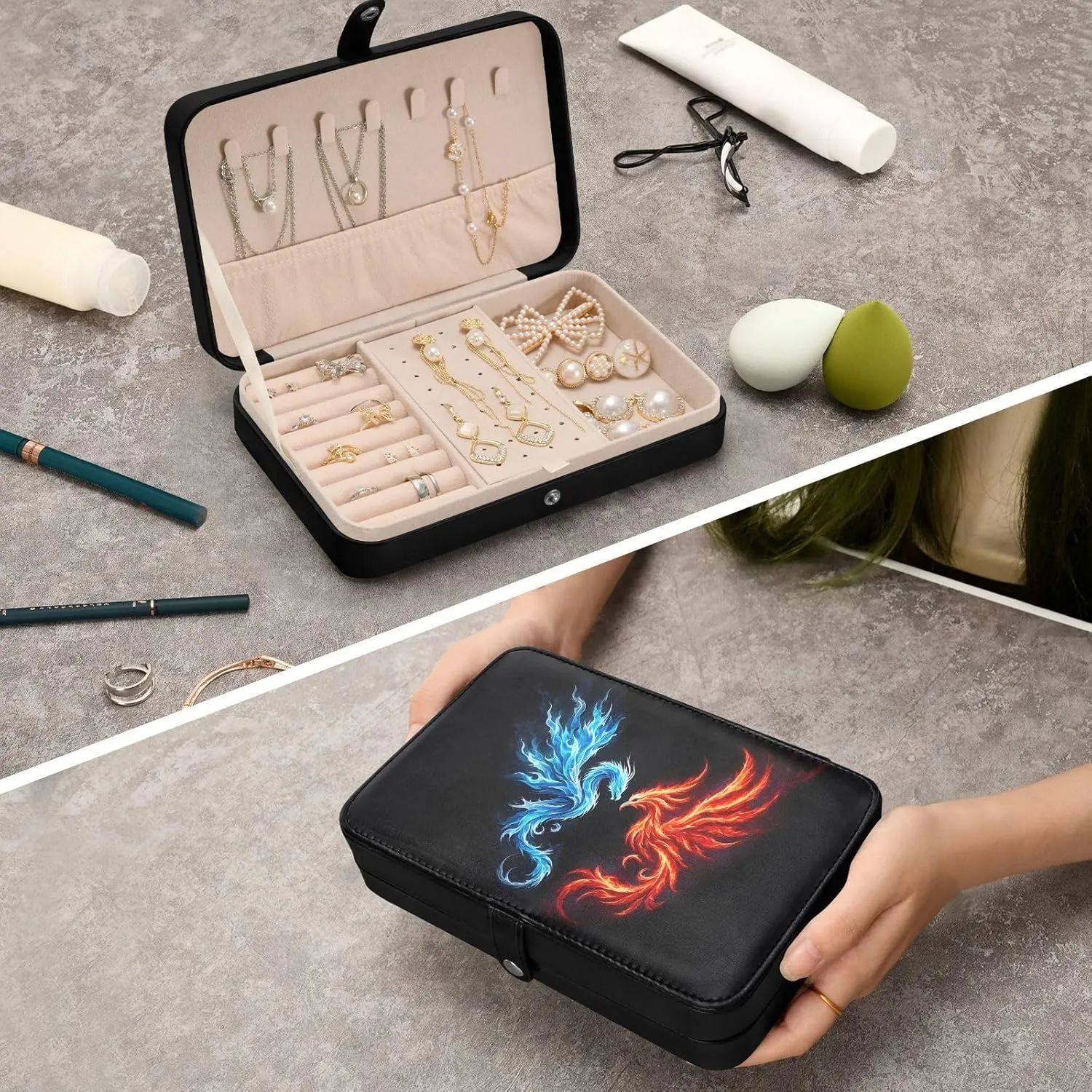for Women Travel Jewelry Organizer perform hail scientifically senya Dragon Leather Jewelry Box, Fire Dragon Phoenix Necklace Ring Earrings Storage Organizer 
