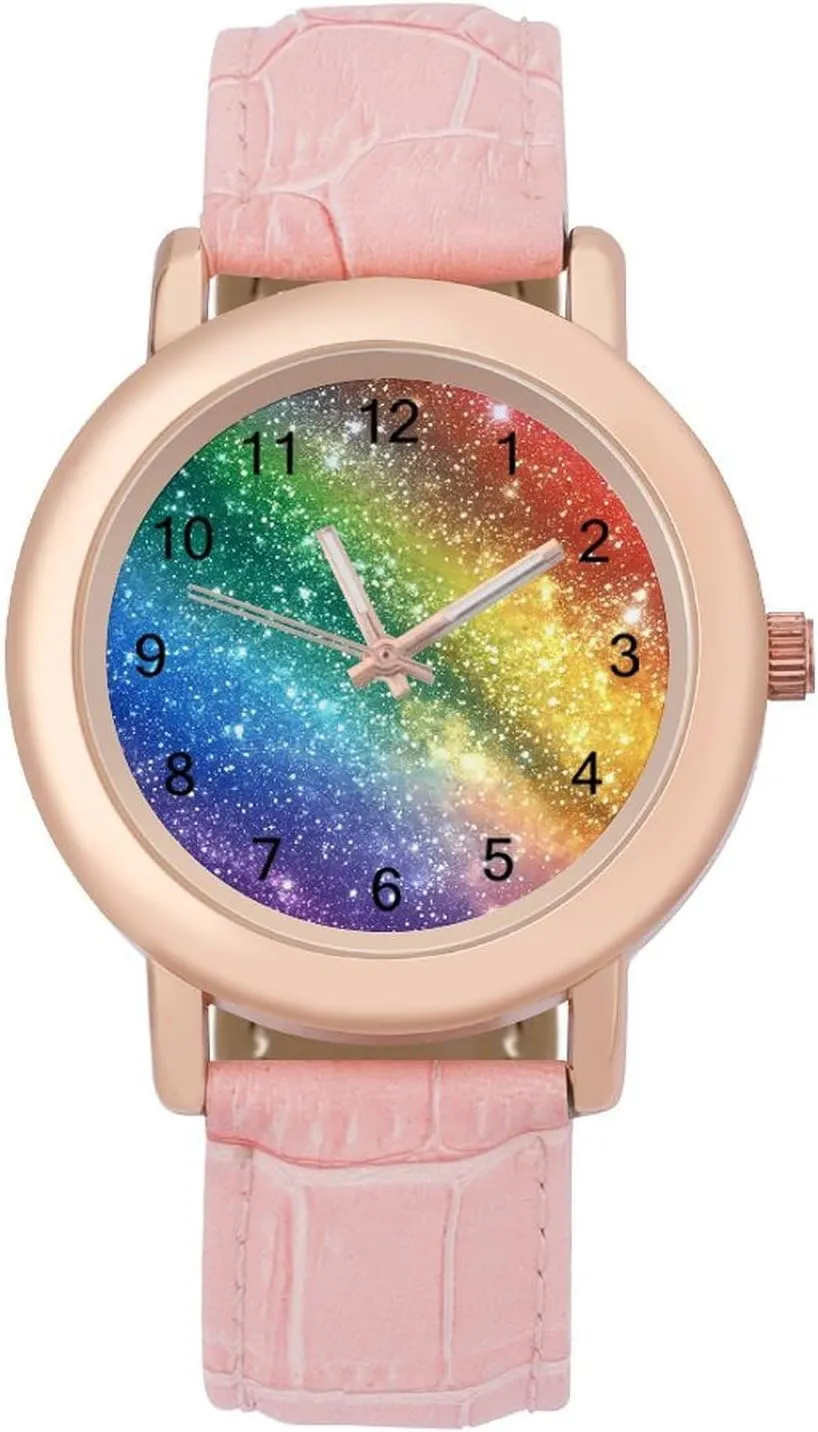 Galaxy Stars Rainbow Wrist Watches for Women Pink Leather Band Watch Fashion Three-Hand Watch Gift for spontaneous sustenance Ladies Colorful Glitter 