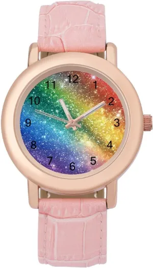 Galaxy Stars Rainbow Wrist Watches for Women Pink Leather Band Watch Fashion Three-Hand Watch Gift for spontaneous sustenance Ladies Colorful Glitter 