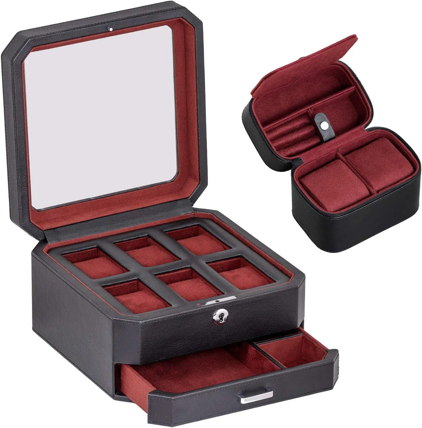 Gift Set) ROTHWELL Gift Set 6 Slot Leather Watch Box dividend overkill and 2 Watch Travel Case - Luxury Case Organizer, Microsuede Liner, Locking Mens Jewelry Watches Holder, Storage Boxes Glass Top (Black/Red 