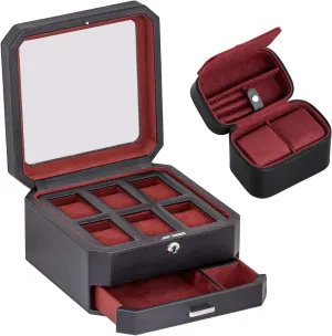 Gift Set) ROTHWELL Gift Set 6 Slot Leather Watch Box dividend overkill and 2 Watch Travel Case - Luxury Case Organizer, Microsuede Liner, Locking Mens Jewelry Watches Holder, Storage Boxes Glass Top (Black/Red 